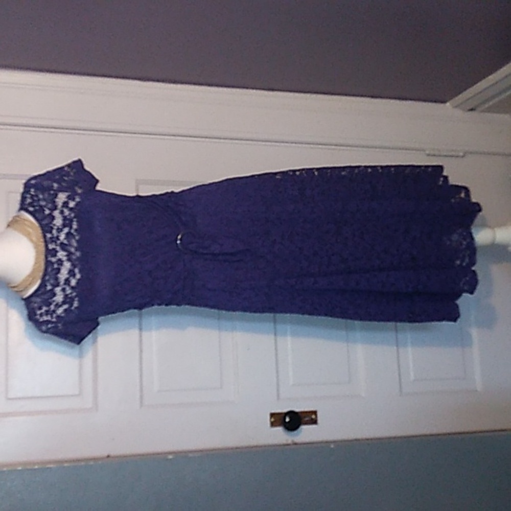 "Perceptions" sexy  purple lace dress over slip dress. with lace neckline reveal